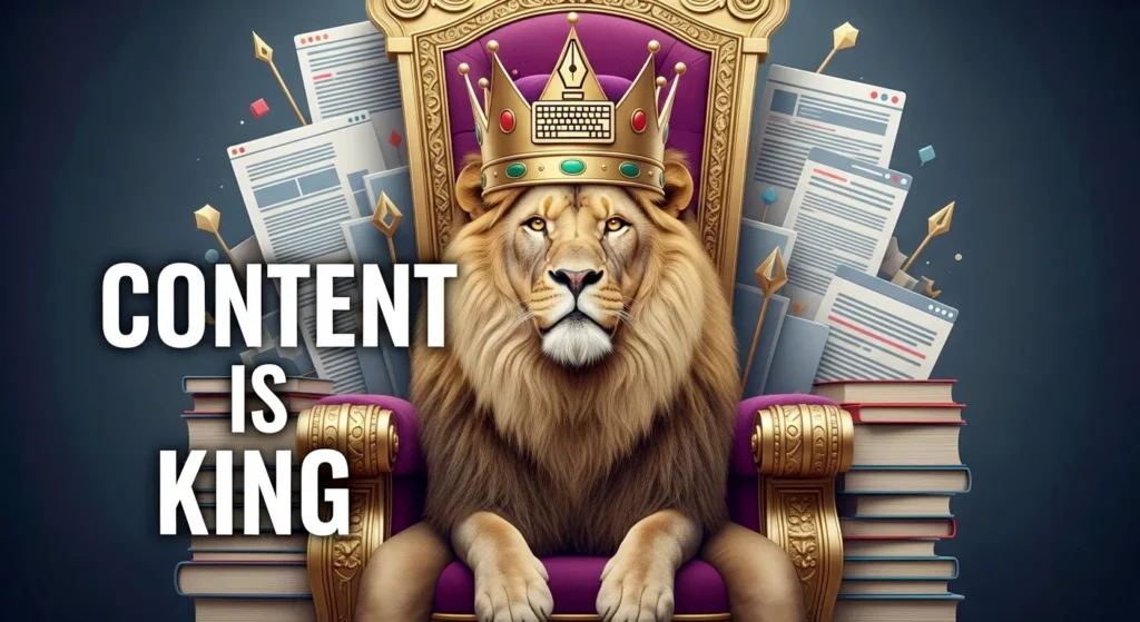 An image of a majestic lion wearing a crown with a keyboard icon, sitting on a throne of books and web pages, representing the SEO principle "Content is King."