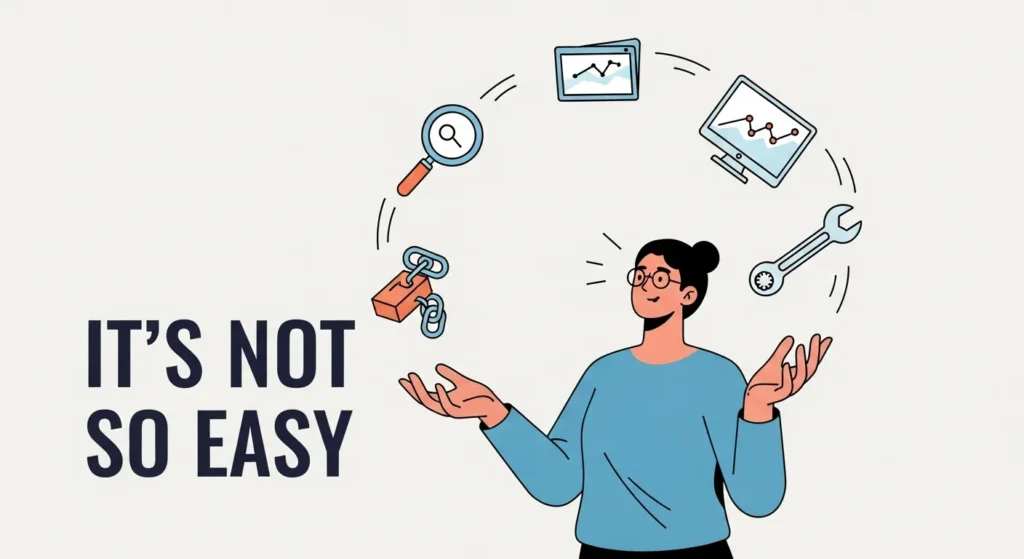A person juggling icons representing different SEO skills: keyword research, analytics, link building, and technical SEO, to show that SEO is a complex field.