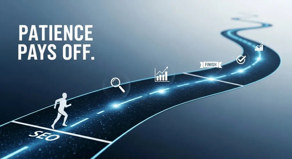 A conceptual image of a runner on a long, winding digital track, with milestones labeled with SEO icons, representing that SEO is a marathon, not a sprint.