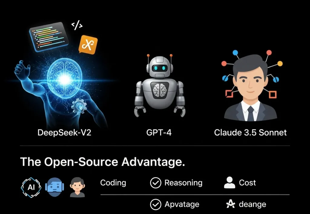 DeepSeek AI: An In-Depth Review of the Open-Source Challenger comparison of DeepSeek-V2, GPT-4, and Claude 3.5 Sonnet, highlighting DeepSeek's competitive performance in coding and reasoning, and its clear advantage in cost.