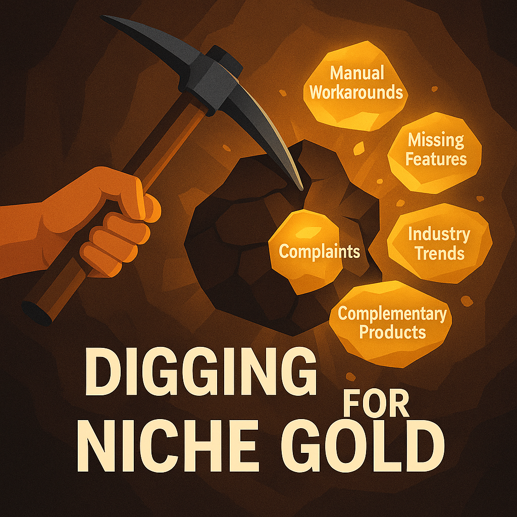 Finding Your Goldmine: Best Niches & Profitable Ideas for Micro SaaS Visual metaphor for discovering profitable Micro SaaS niches by unearthing complaints, manual workarounds, and missing features.