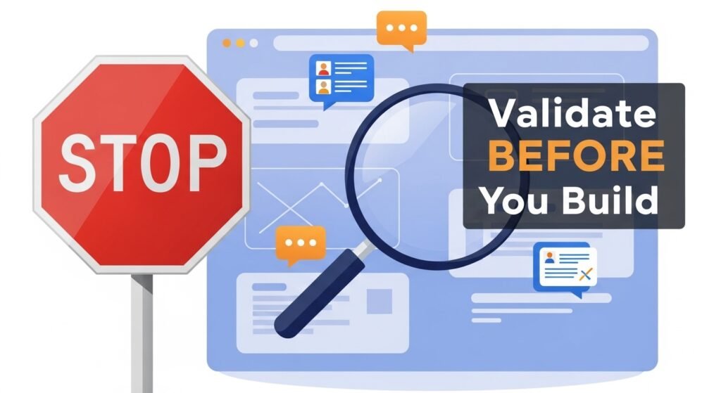 Finding Your Goldmine: Best Niches & Profitable Ideas for Micro SaaS A visual reminder to validate Micro SaaS ideas before building, with a stop sign and customer feedback icons.