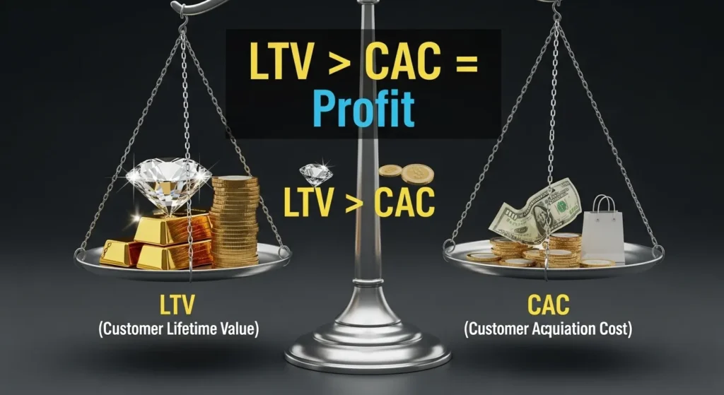 Most Important KPIs to Track for Your Micro SaaS Success A visual comparison of Customer Lifetime Value (LTV) and Customer Acquisition Cost (CAC), emphasizing LTV should be much higher than CAC for a profitable Micro SaaS.