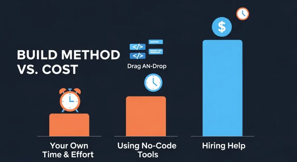 Decoding Your Micro SaaS Budget: Development & Launch Expenses Comparative visual showing cost levels for Micro SaaS development: DIY (low cash, high time), No-Code (moderate cash, moderate time), and Hiring (high cash, low time).