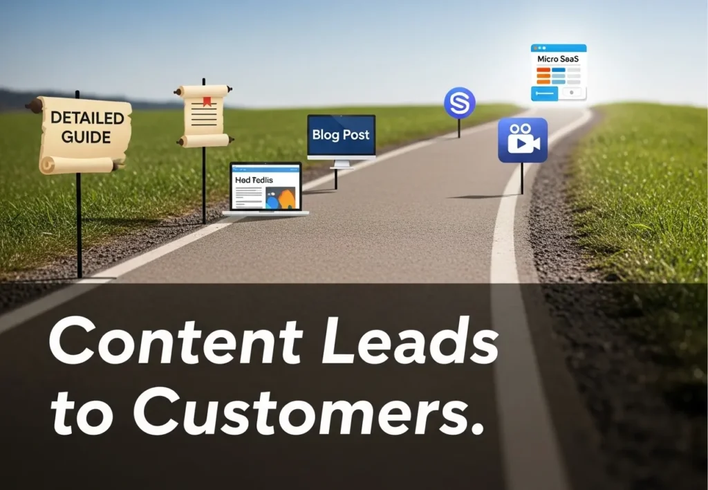 Finding & Reaching Your Target Customers: Micro SaaS Marketing Strategies A visual metaphor showing helpful content (blog posts, videos) as a path that guides potential customers to a Micro SaaS product.