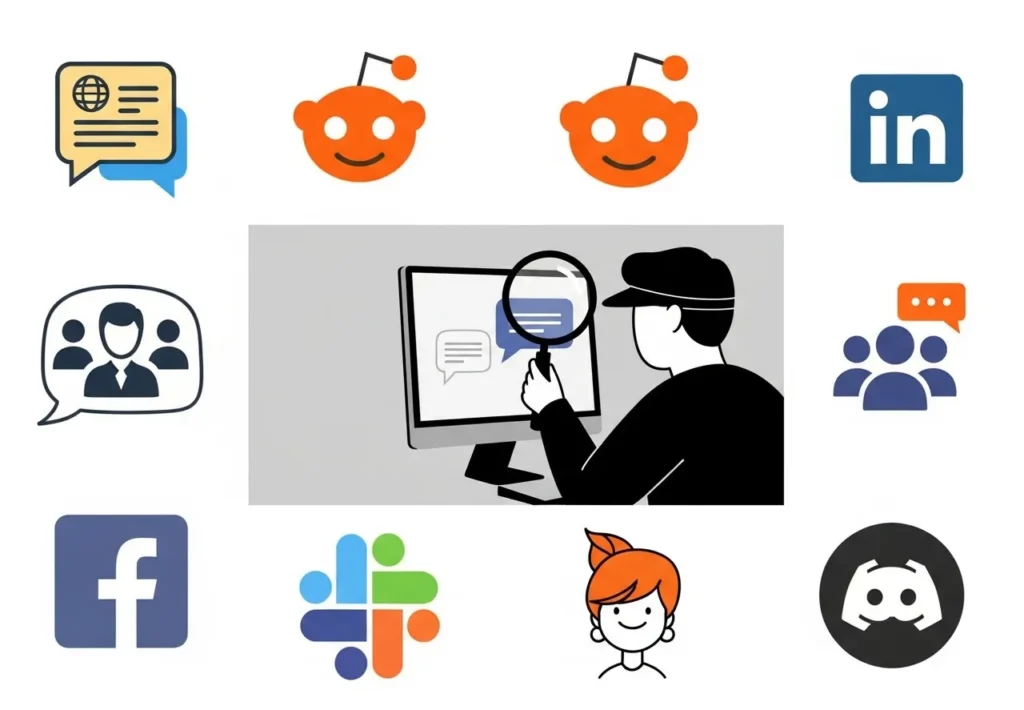 Finding & Reaching Your Target Customers: Micro SaaS Marketing Strategies A collage of icons representing different online communities (forums, Reddit, LinkedIn), with a detective-like figure in the middle, symbolizing the first step of Micro SaaS marketing: finding where your customers gather.