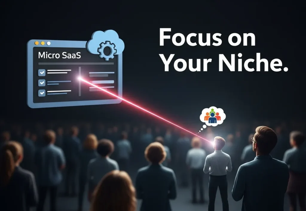 A spotlight tightly focused on a small group of people, illustrating the targeted, niche-focused approach of Micro SaaS marketing.