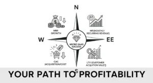 A compass visual representing key Micro SaaS metrics: MRR, Churn, LTV, and CAC as essential guides for business success.