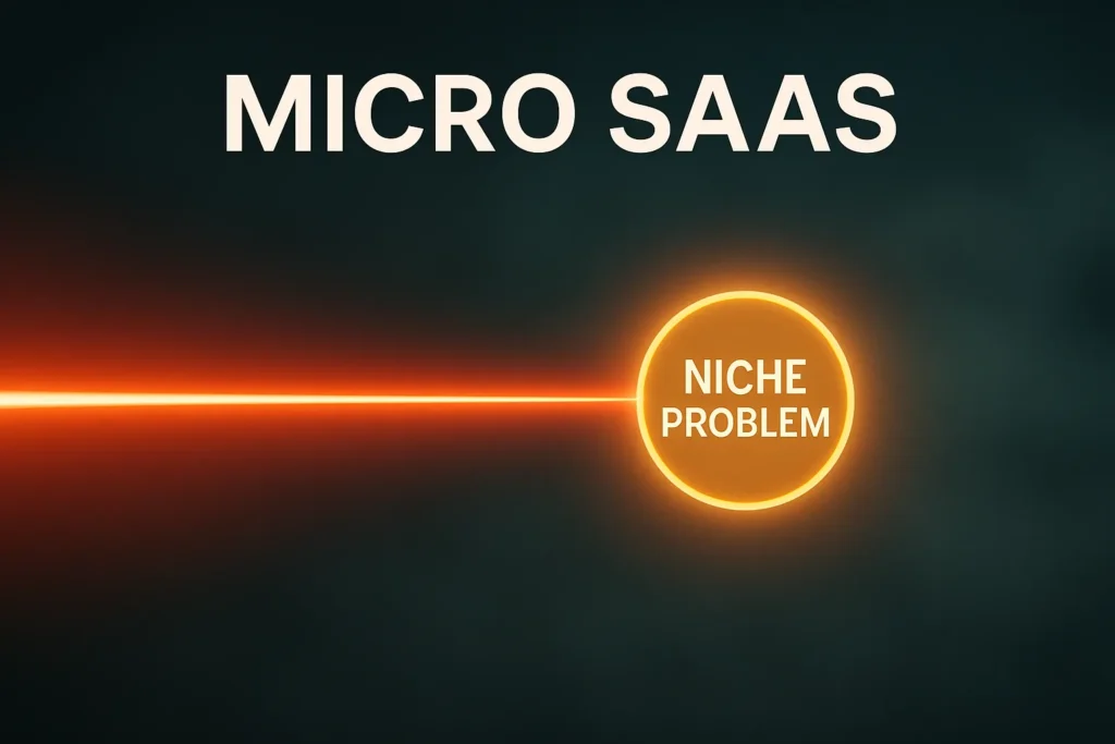 The Ultimate Guide to Micro SaaS: From Idea to Exit A visual metaphor for Micro SaaS, showing a laser focusing intensely on a specific, small target representing a niche problem.
