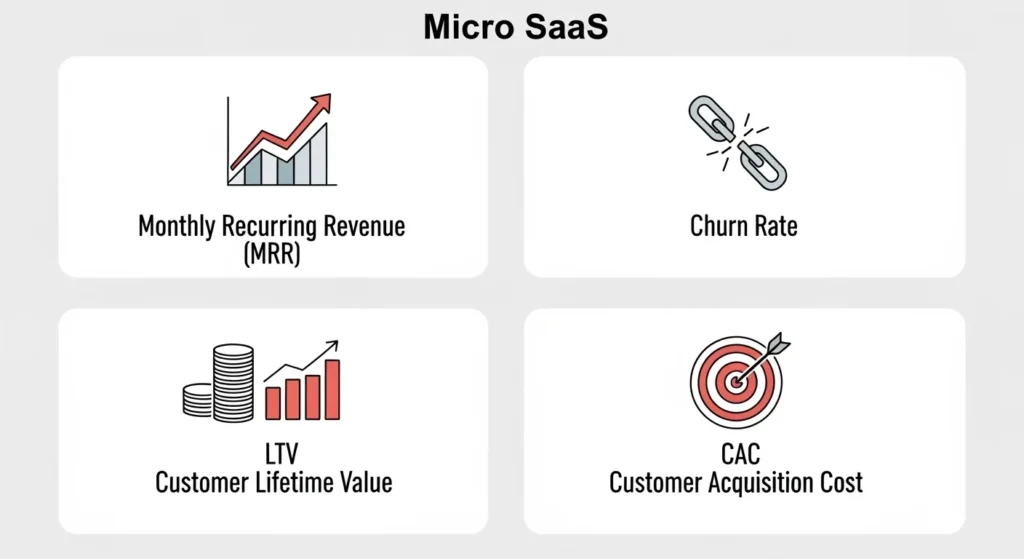 The Ultimate Guide to Micro SaaS: From Idea to Exit Infographic showing key Micro SaaS growth metrics: Monthly Recurring Revenue (MRR), Churn Rate, Customer Lifetime Value (LTV), and Customer Acquisition Cost (CAC).