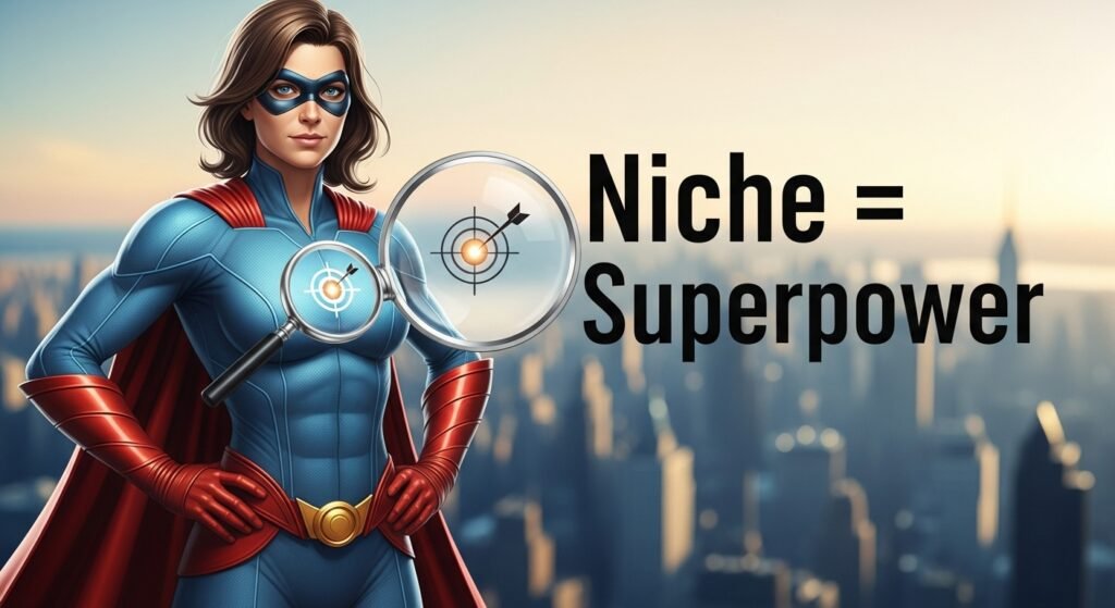 A superhero representing Micro SaaS, with a magnifying glass emblem, emphasizing the power of niche focus.