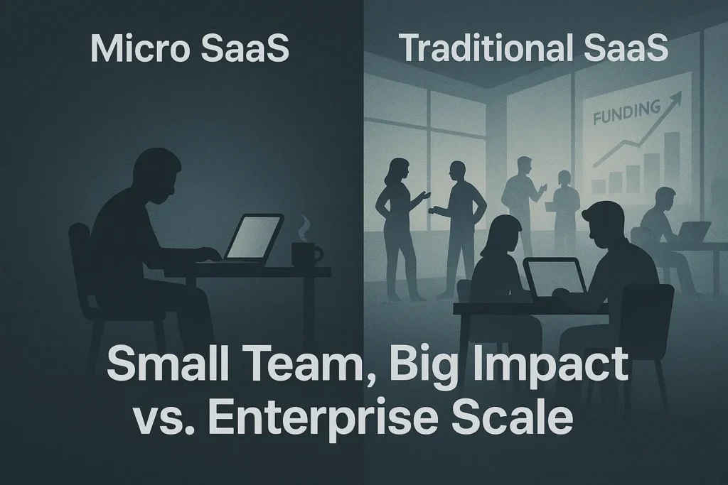 What is Micro SaaS and How It Differs from Traditional SaaS Comparison of Micro SaaS (single founder/small team) vs. Traditional SaaS (large corporate team).