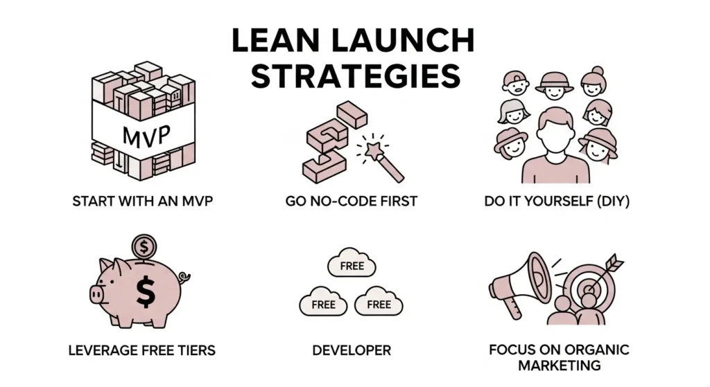 Decoding Your Micro SaaS Budget: Development & Launch Expenses Infographic displaying strategies to minimize Micro SaaS development costs: start with MVP, use no-code, DIY, leverage free tiers, and focus on organic marketing.