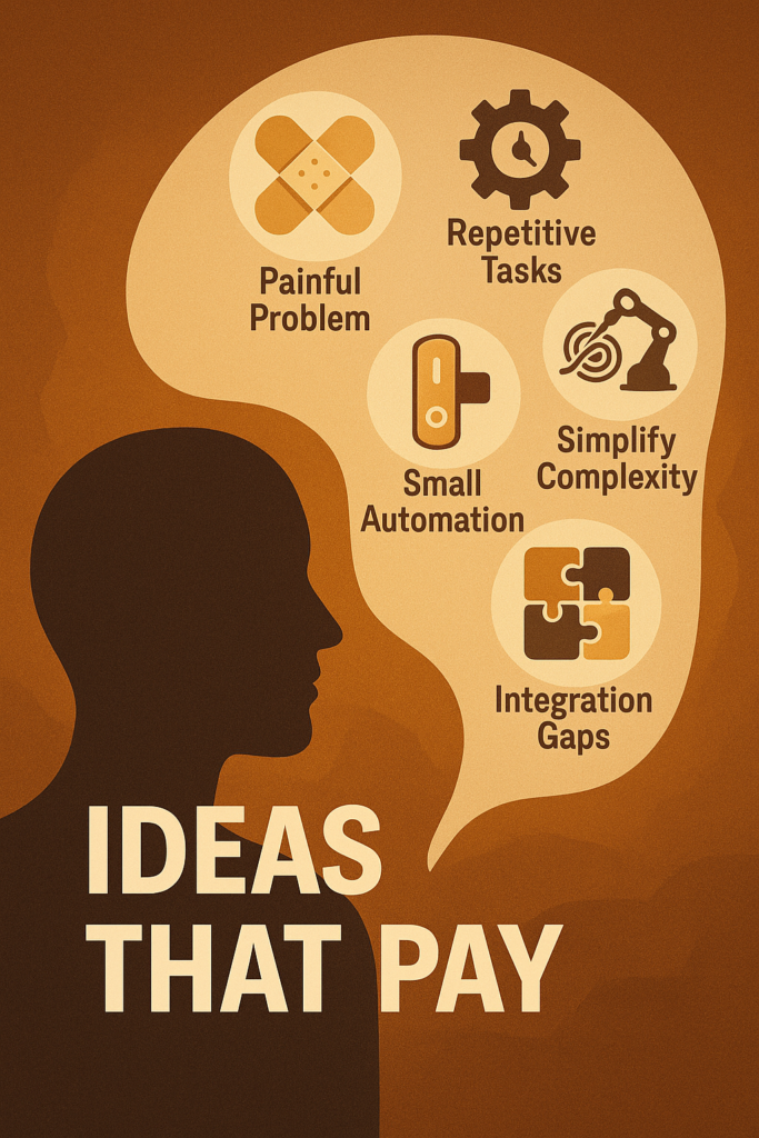 Finding Your Goldmine: Best Niches & Profitable Ideas for Micro SaaS Icons representing sources of profitable Micro SaaS ideas: painful problems, repetitive tasks, automation, simplification, and integration gaps.