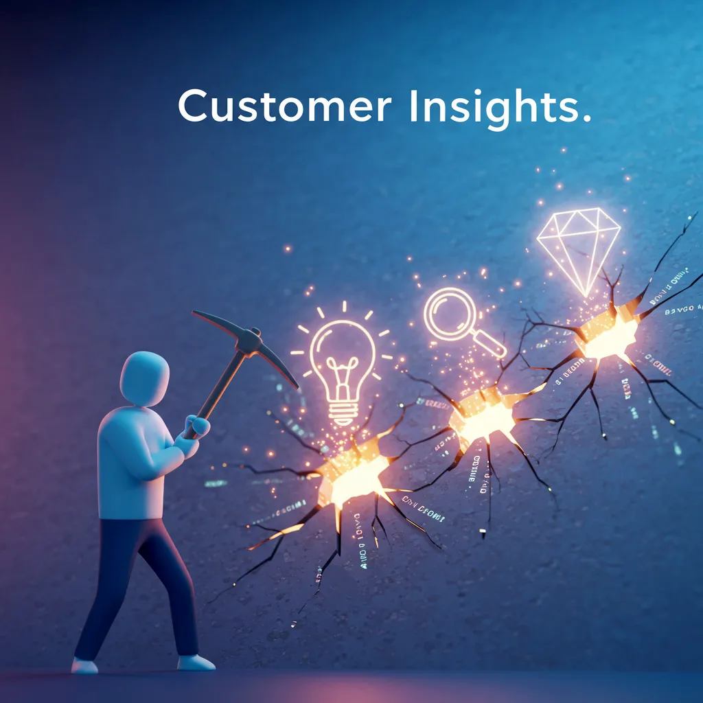 A person with a pickaxe is digging into a rock wall, from which glowing icons of a magnifying glass and a diamond emerge, symbolizing that customer feedback is a goldmine of insights.