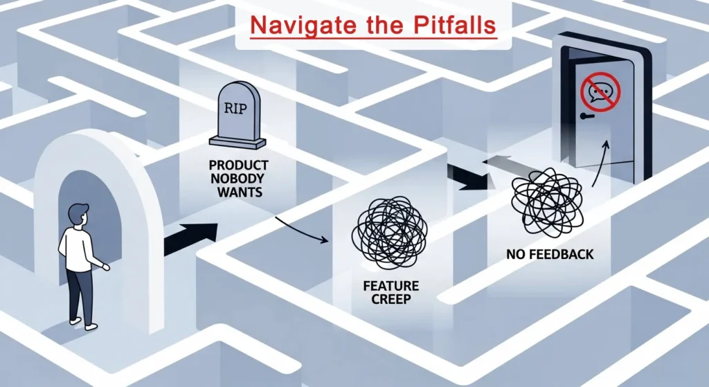 A visual of a person at the start of a maze. The maze's dead-ends are marked with common micro SaaS mistakes like "Product Nobody Wants" and "Feature Creep," illustrating the pitfalls to avoid.