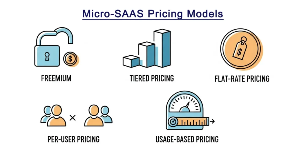 An infographic visually representing five pricing models for a micro SaaS product: Freemium, Tiered Pricing, Flat-Rate, Per-User, and Usage-Based.