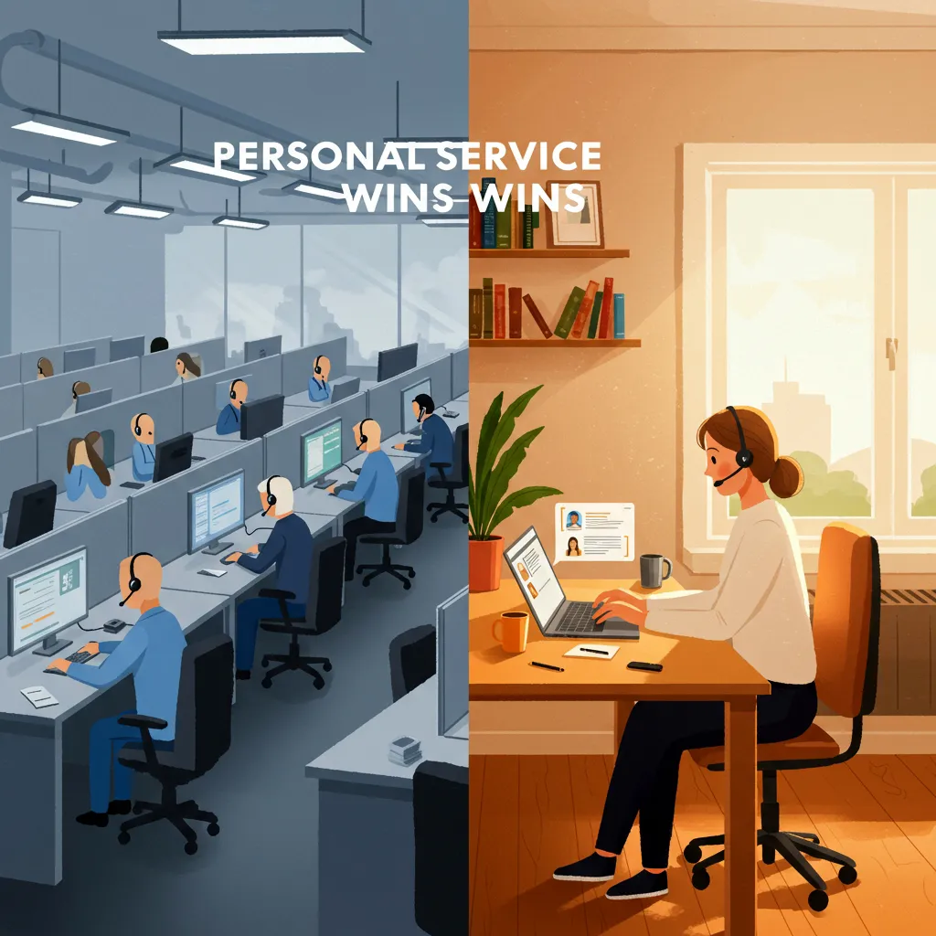 A visual comparing two customer support scenarios: a large, impersonal call center on the left and a solo founder in a home office giving personalized support on the right.