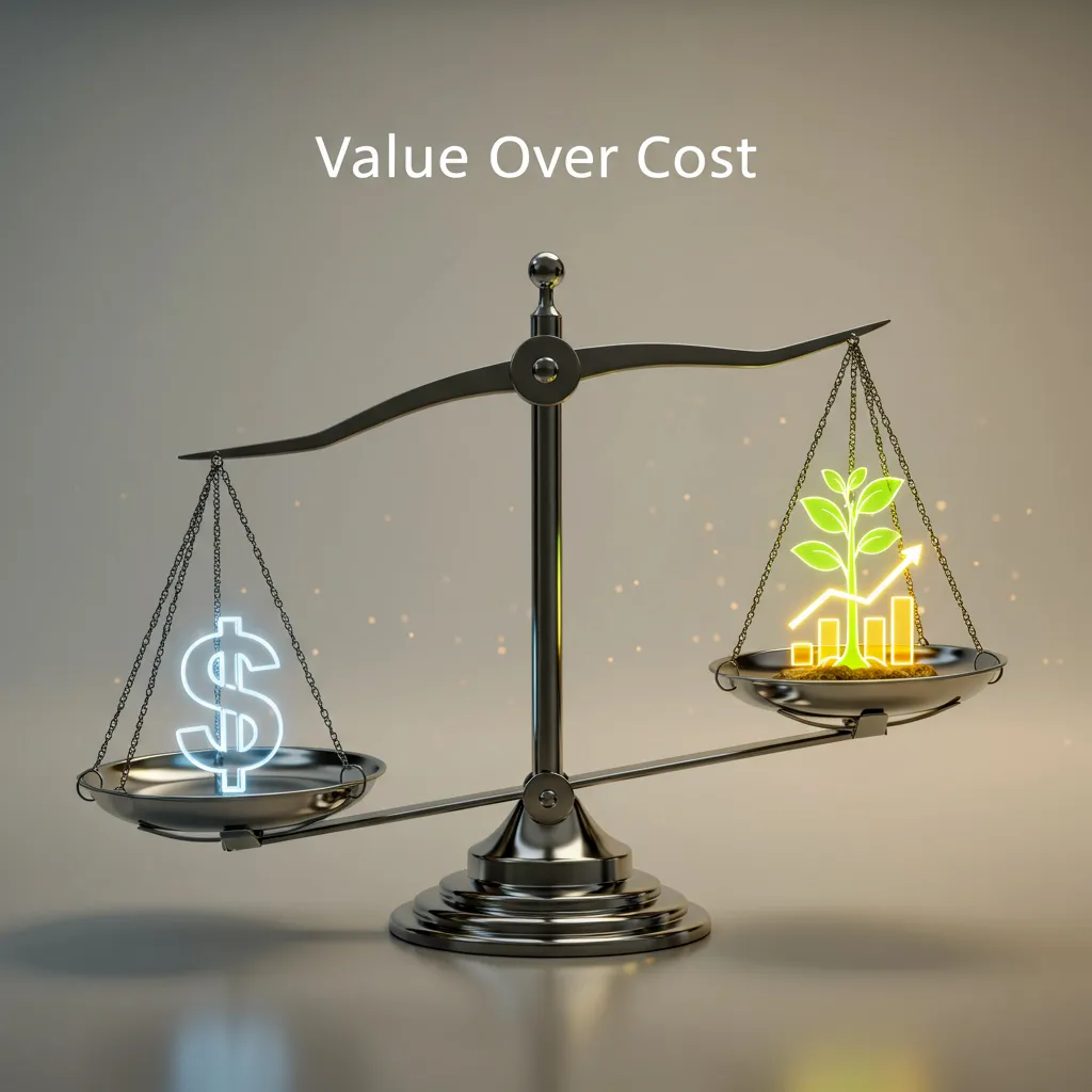 A visual of a balanced scale comparing two pricing strategies. A small dollar sign sits on the left, and a large icon symbolizing value (like a clock or a growing graph) sits on the right, showing that value outweighs cost.