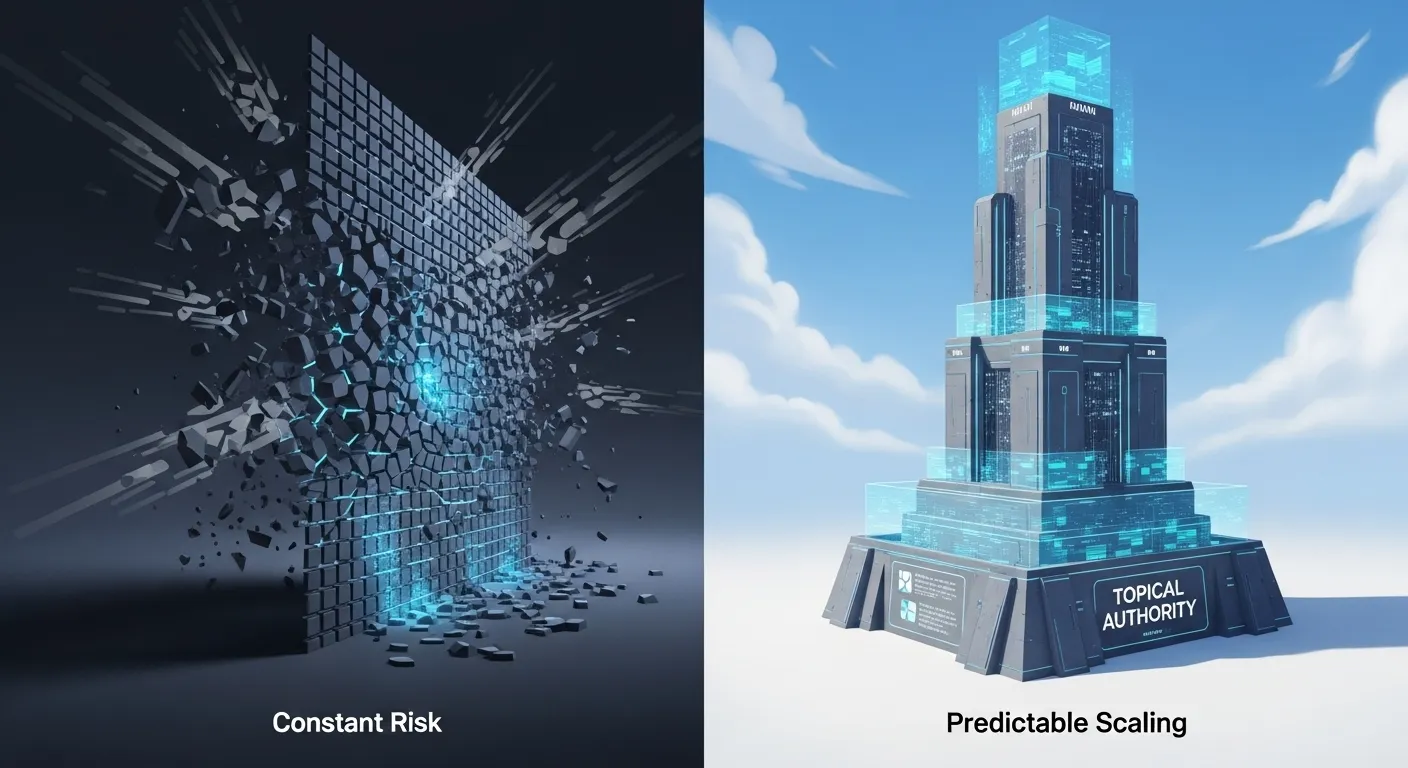 Home A contrasting image. On the left, a crumbling digital wall is labeled "Constant Risk." On the right, a robust, stable fortress with deep foundations labeled "Topical Authority" is labeled "Predictable Scaling.