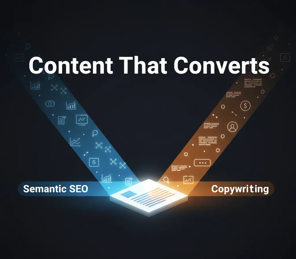 Home A digital document is illuminated by two beams of light labeled "Semantic SEO" (with data icons) and "Copywriting" (with revenue icons), symbolizing content optimized for both Google and conversion.