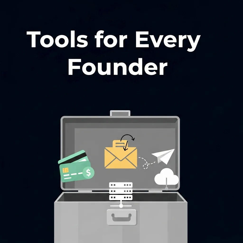 An illustration of an open toolbox containing three tools: a credit card icon for payment, an envelope icon for email, and a server icon for hosting, representing the essential tools for a Micro SaaS.
