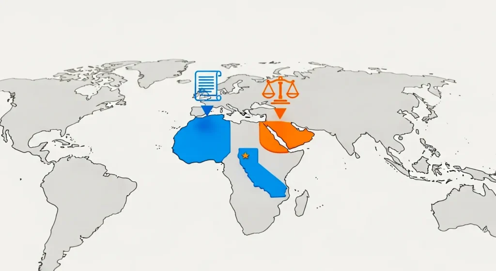 A world map highlighting Europe and California, with legal document icons floating above them, representing GDPR and CCPA data privacy regulations.