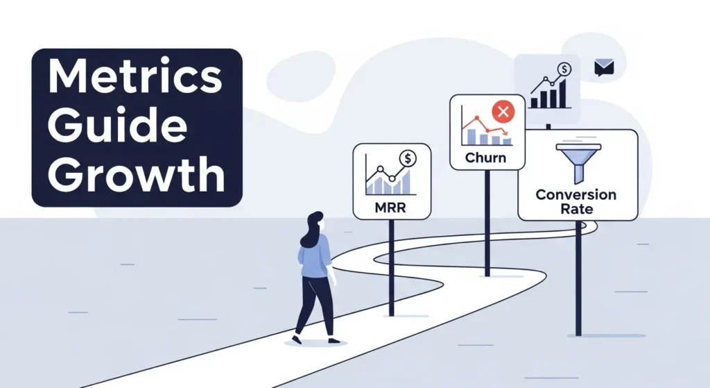 A person walking on a path with signs showing business metrics like MRR, Churn, and Conversion Rate, symbolizing how metrics guide business growth.