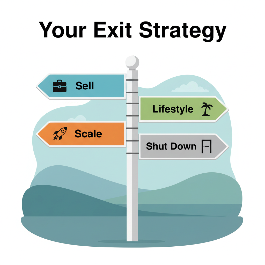 A signpost with arrows pointing to different exit strategies for a micro SaaS: Sell (briefcase icon), Lifestyle (palm tree icon), Scale (rocket icon), and Shut Down (closed door icon)