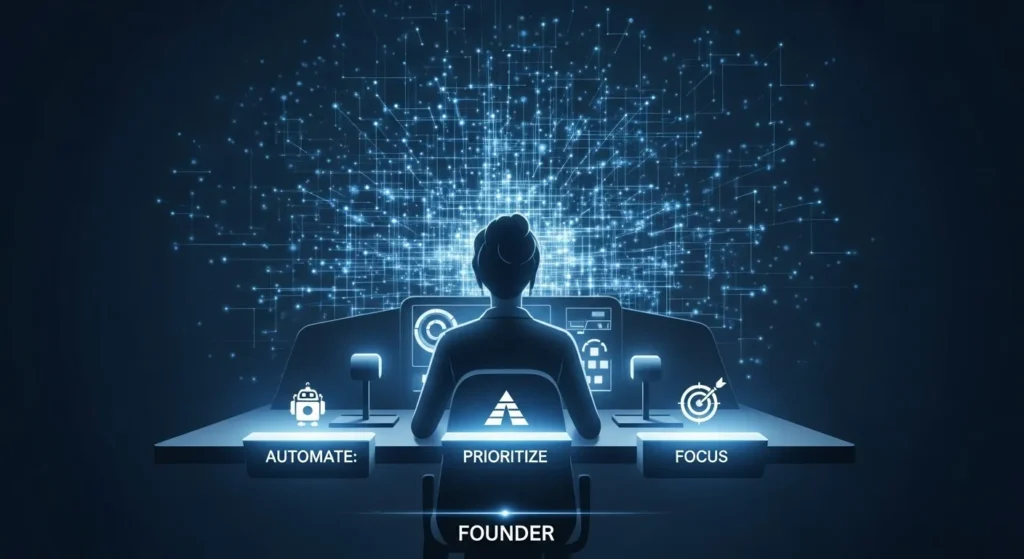 A founder at a control panel with buttons labeled "Automate," "Prioritize," and "Focus." In the background, a growing network symbolizes a business scaling efficiently.