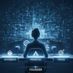 A founder at a control panel with buttons labeled "Automate," "Prioritize," and "Focus." In the background, a growing network symbolizes a business scaling efficiently.