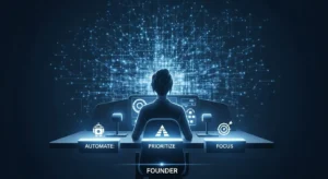 A founder at a control panel with buttons labeled "Automate," "Prioritize," and "Focus." In the background, a growing network symbolizes a business scaling efficiently.