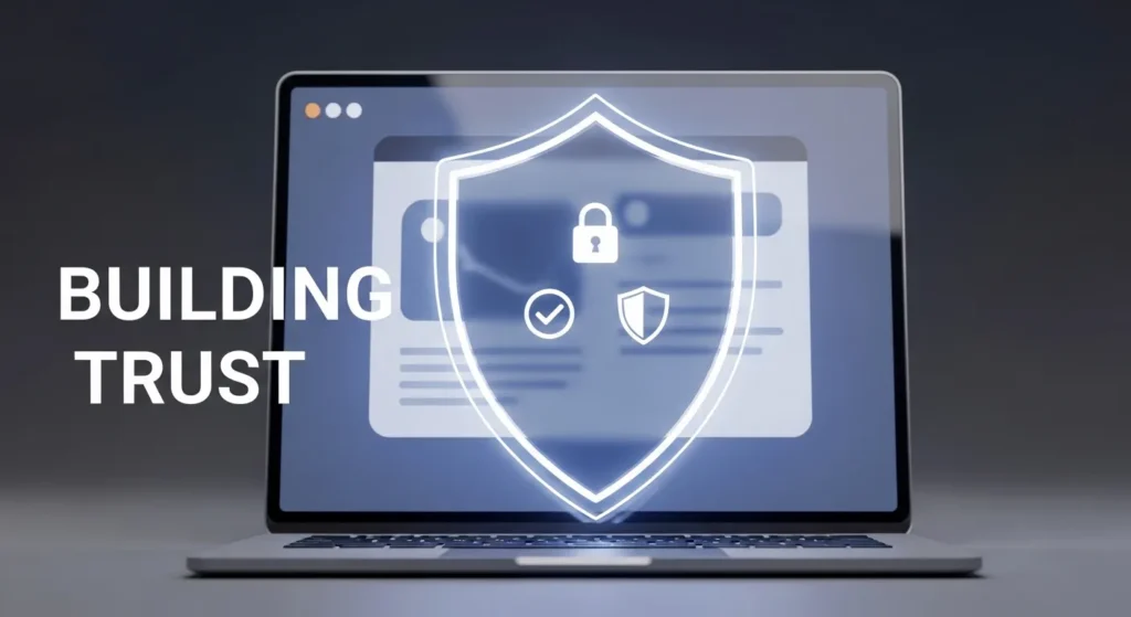 An illustration of a digital product's screen being protected by a large shield, with icons for a lock and checkmark, symbolizing that security builds trust.