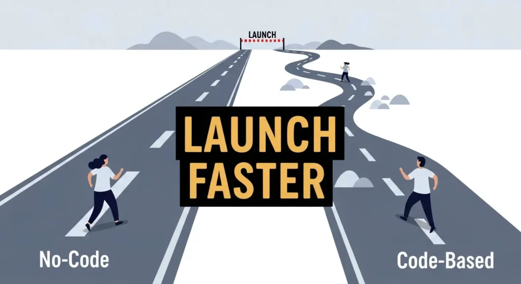 An illustration of a forked road. One path is a straight, quick path labeled "No-Code," and the other is a winding path labeled "Code-Based." Both paths lead to a finish line labeled "Launch.