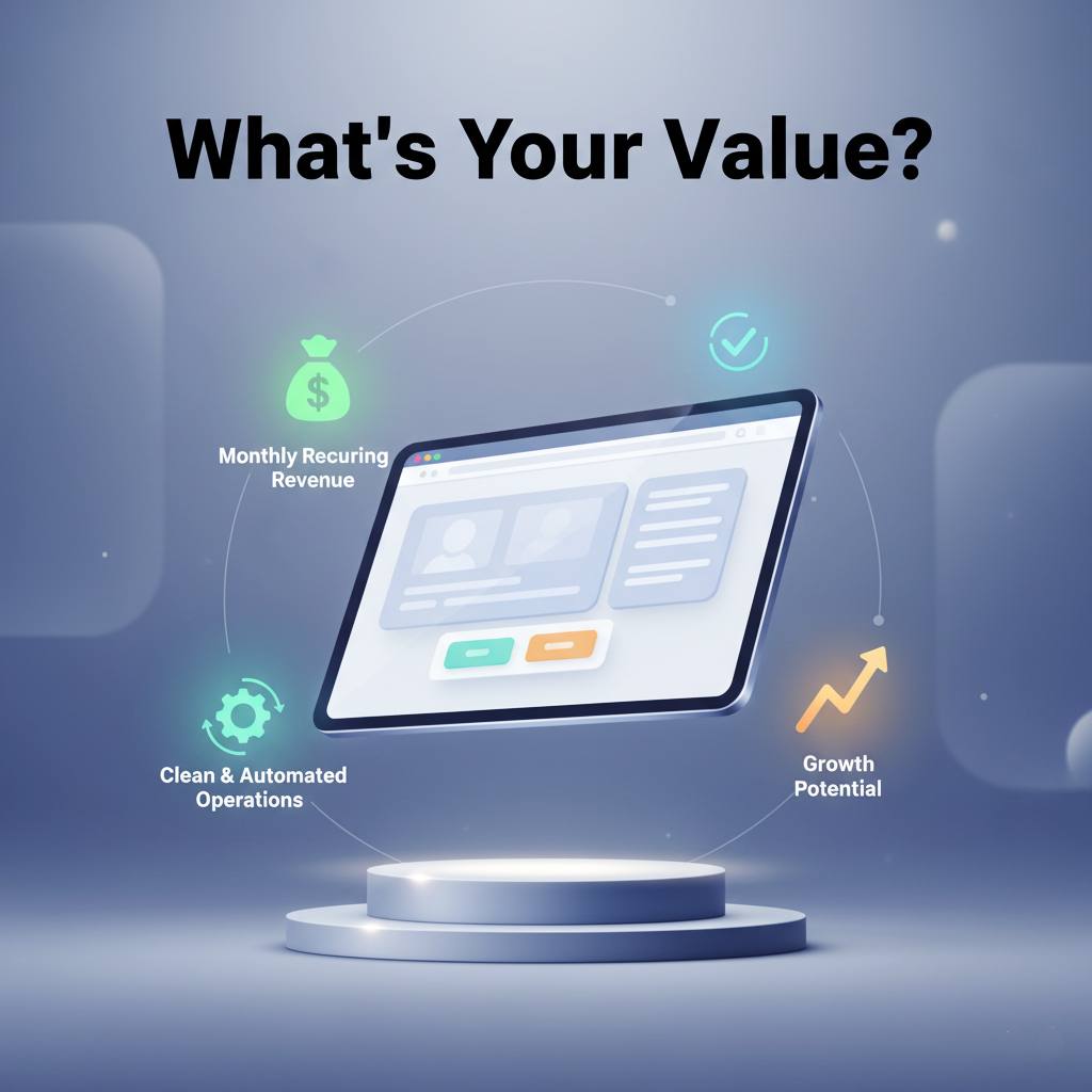 An illustration of a micro SaaS product on a pedestal with glowing icons for MRR, low churn, automation, and growth, symbolizing the factors that make a business valuable for sale.