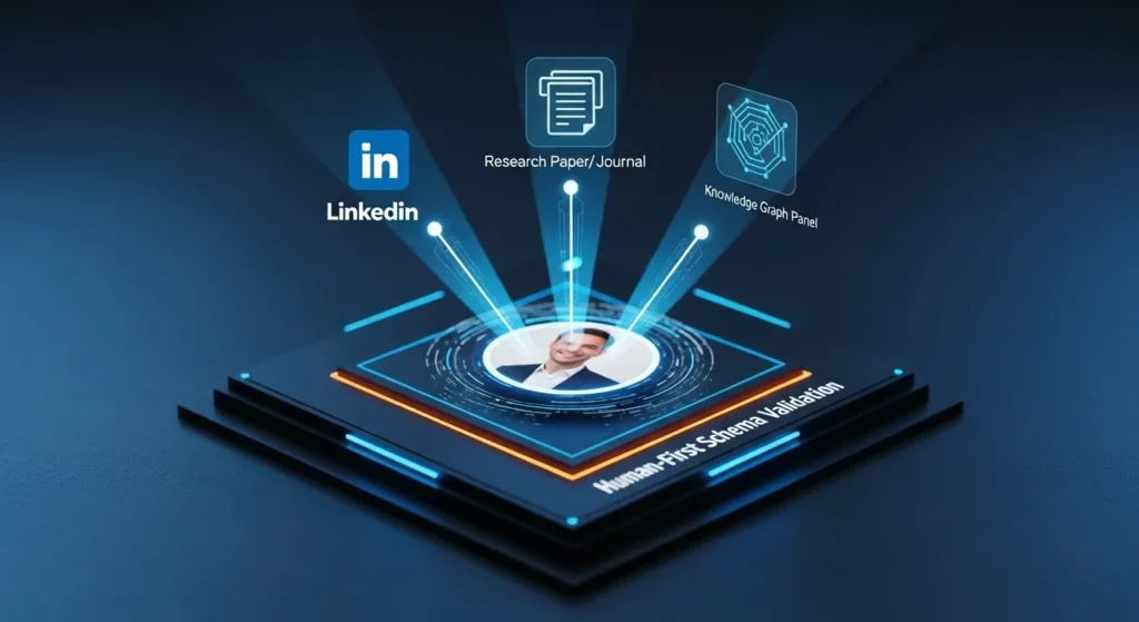 A professional author image linked by glowing digital lines to external, authoritative entities: LinkedIn, a research paper, and a Knowledge Panel, symbolizing E-E-A-T validation.