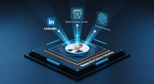 A professional author image linked by glowing digital lines to external, authoritative entities: LinkedIn, a research paper, and a Knowledge Panel, symbolizing E-E-A-T validation.