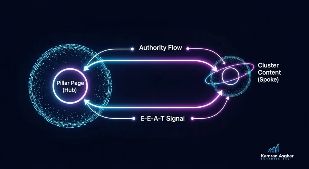 A close-up diagram showing a central 'Pillar Page' node and a 'Cluster Content' node with two large, glowing arrows, one linking out (Pillar to Cluster) and one linking back (Cluster to Pillar), labeled 'Bidirectional Authority Flow.'