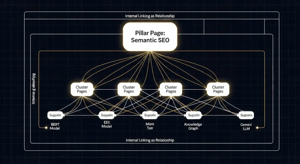 Semantic SEO Masterclass: Future-Proofing for Gemini, SGE & the AI Search Era A detailed network diagram showing a central 'Pillar Page' node connecting to smaller 'Cluster Pages,' which in turn link to micro-nodes labeled 'Supporting Entities' (e.g., NLP, Schema, Gemini), visualizing the ERM blueprint.