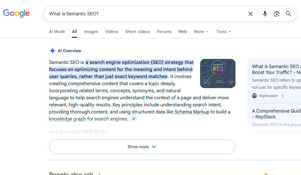 A realistic Google SERP screenshot showing a prominent AI Overview/SGE answer box at the top, with a visible citation link pointing directly to the article's URL.