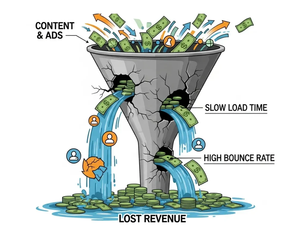 A sales funnel with money flowing in the top but leaking out through cracks labeled "Slow Load Time" and "High Bounce Rate" into a pool of "Lost Revenue," illustrating wasted investment.