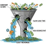 A sales funnel with money flowing in the top but leaking out through cracks labeled "Slow Load Time" and "High Bounce Rate" into a pool of "Lost Revenue," illustrating wasted investment.