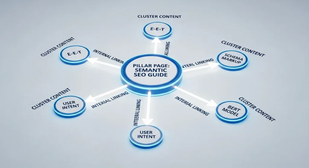 A simplified hub-and-spoke diagram showing a large central node labeled 'Pillar Page (Semantic SEO)' connected by interlinking lines to four smaller surrounding nodes labeled 'Cluster Content' (e.g., Schema, E-E-A-T, BERT).