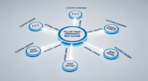 A simplified hub-and-spoke diagram showing a large central node labeled 'Pillar Page (Semantic SEO)' connected by interlinking lines to four smaller surrounding nodes labeled 'Cluster Content' (e.g., Schema, E-E-A-T, BERT).