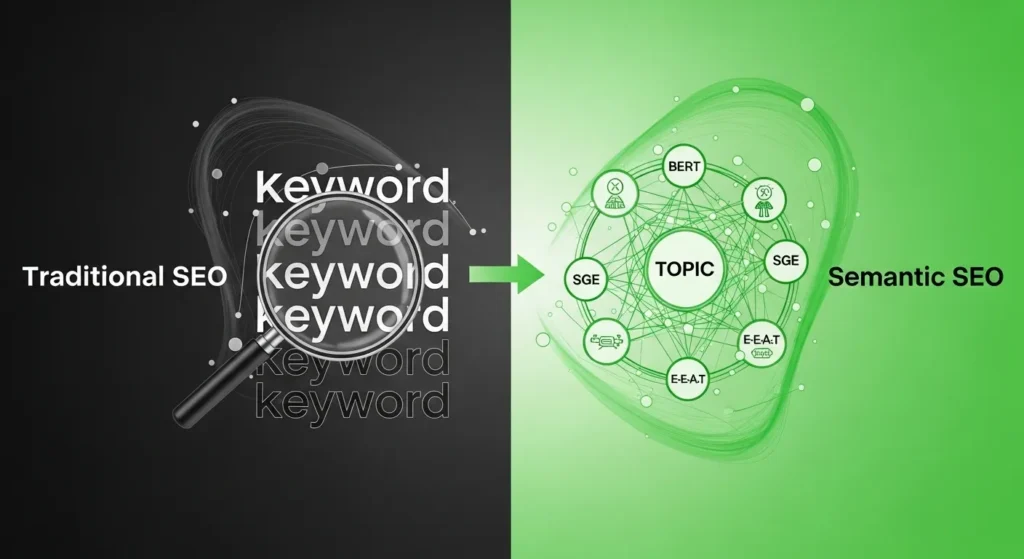 A vertical split graphic contrasting the past (left) with the future (right). The left shows a magnifying glass over one repeating word. The right shows a network of interconnected concepts and entities.