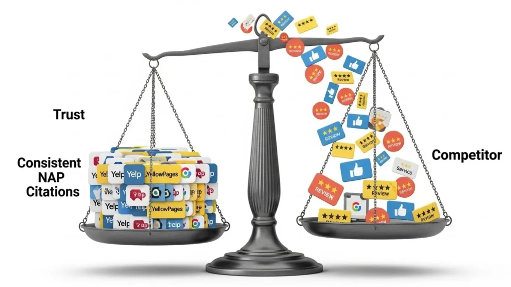 A balance scale graphic where one side (Trust) is weighed down by icons for consistent NAP citations (chain links) and a stream of fresh, 5-star review icons, serving as the tie-breaker against a competitor.