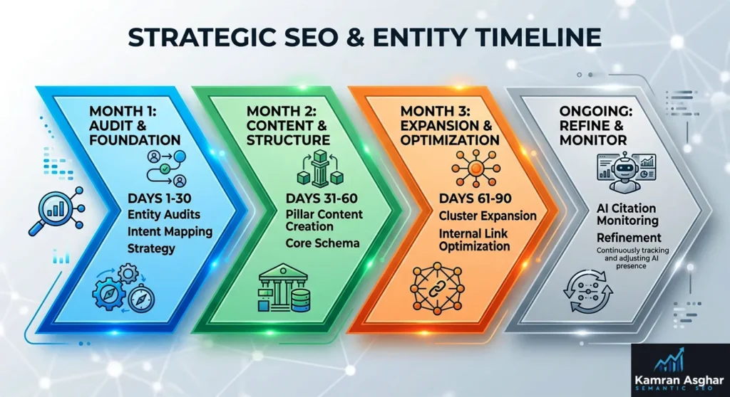 A three-month project roadmap for implementing semantic SEO, detailing the transition from entity auditing in month one to content engineering and AI citation measurement by month three.