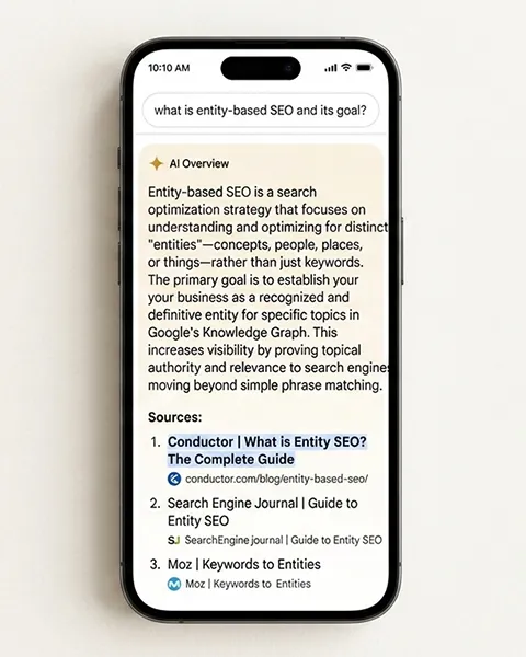 A mockup of an AI search interface (like Perplexity or Gemini) showing a summarized answer with a clearly cited source from a pillar page.