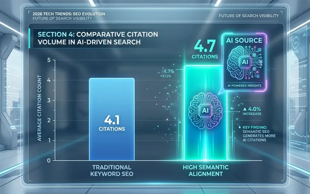 A bar chart comparing AI citation rates, showing that high semantic alignment leads to 4.7 citations versus 4.1 for traditional keyword content.