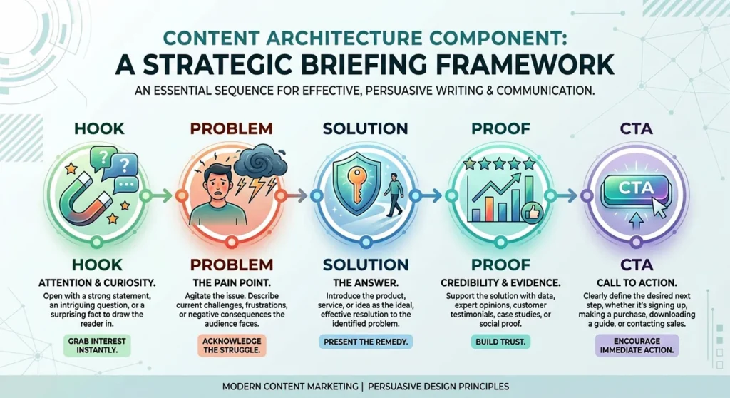 Flow chart showing the narrative structure of a successful content piece defined in a brief.